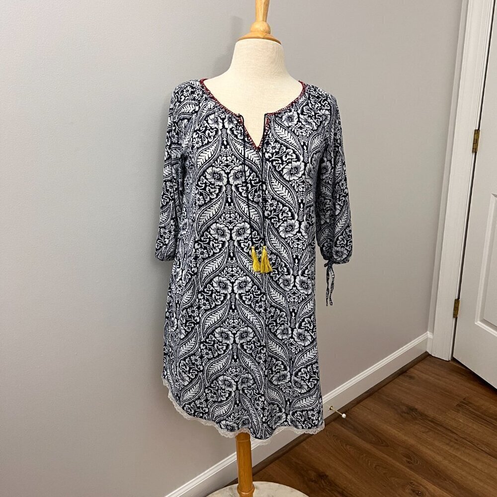 Lucky Brand Blue White Floral Tassel Tie 3/4 Sleeve Mini Dress Cover up Size S - Picture 10 of 12